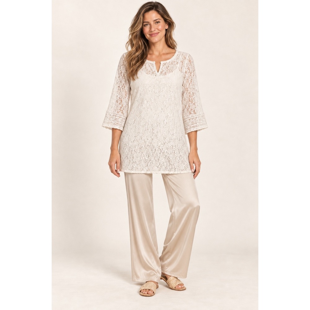 Laundry by Shelli Segal White Lace Tunic Top Boho Coquette Cottagecore Size M